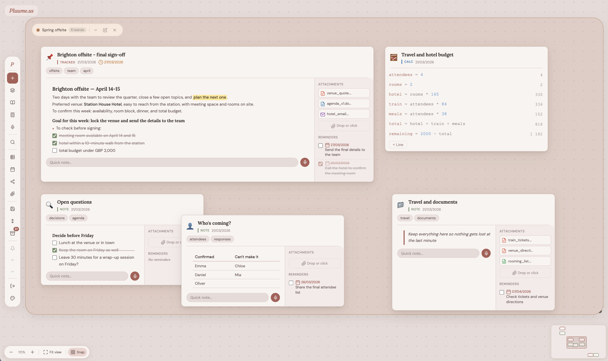 Screenshot of the Pluume canvas with cards, reminders, and attachments
